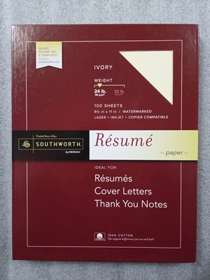  SouthWorth Resume Paper.100% Cotton.Laser,inkjet .Ivory Color .100 Sheets. 24LB - Image 1 of 4