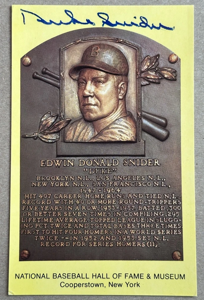 Duke Snider Signed Autographed Gold HOF Hall of Fame Plaque Postcard Dodgers - Image 1 of 1