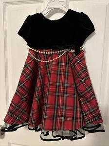 NEW Sophia Rose Toddler Girls Black Velour Red Plaid Bead Belt Holiday Dress 2T - Picture 1 of 9