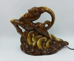 Vintage Art Nouveau Hand Glazed Ceramic Ram Gazelle TV Lamp Light brown/ Carmel - Picture 1 of 11