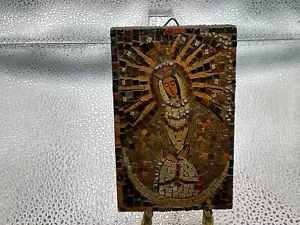 ANTIKES MOSAIK auf HOLZ JUNGFRAU MARIA WANDRELIEF 3”x4 3/4” - Bild 1 von 4