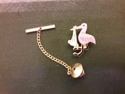 Baby Stork Tie Tack Special Delivery Pin,  pink & white enamel on brass base. - Image 1 of 4