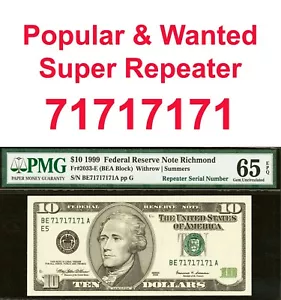 1999 $10 Federal Reserve Note PMG 65EPQ wanted super repeater serial number 71 - Picture 1 of 3
