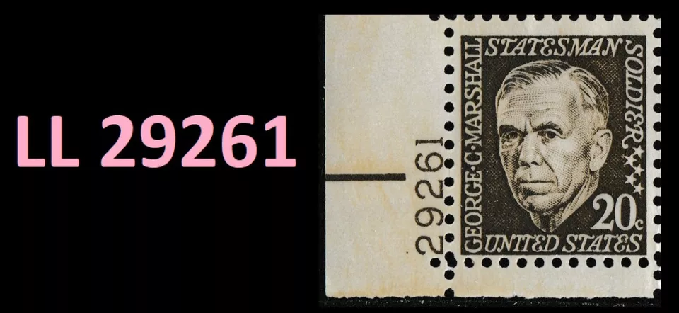 US 1289 George C Marshall 20c plate single LL 29261 MNH 1967 - Image 1 of 1