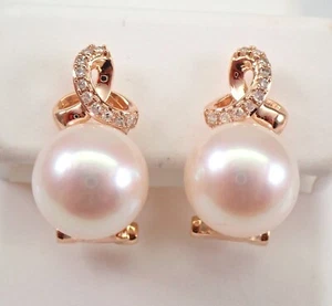 South Sea Pearl and Diamond Earrings 14K Rose Gold Secure Omega Clasp - Picture 1 of 6