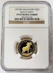 1991 SM GOLD SINGAPORE 25 SINGOLD 1/4 OZ GOAT NGC PF 69 ULTRA CAMEO - Picture 1 of 2