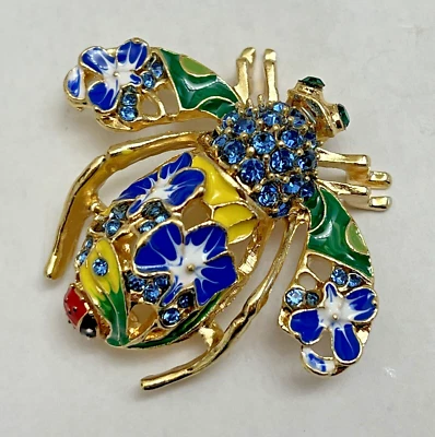 Bee Flower Crystal Rhinestone Brooch Pin Glass Ladybug Insect Daisy Vintage Blue - Image 1 of 4