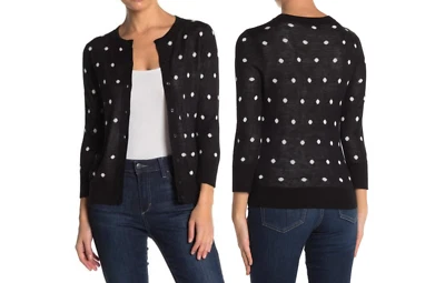 NEW Halogen Nordstrom XS Button front Cardigan Sweater Polka Dot Black Career - Image 1 of 4