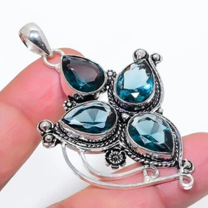 London Blue Topaz Gemstone Handmade 925 Sterling Silver Jewelry Pendant Sz 2.5" - Picture 1 of 1