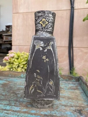 Figuras raras de vaso floral Bidari antigas de 1700 trabalho prata dourada mogol - Imagem 1 de 4