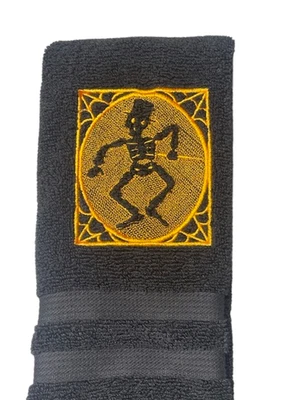 Skeleton Dancing orange plush bathroom hand towel embossed halloween bright - Image 1 of 2