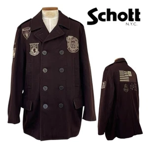 Vintage 90s SCHOTT NYC Mens 2XL XXL Wool Pea Coat Military Style Navy Patches - Picture 1 of 24