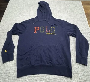 POLO RALPH LAUREN Men’s Navy Fleece Sweatshirt Hoodie Plaid Logo Sz L - Picture 1 of 6