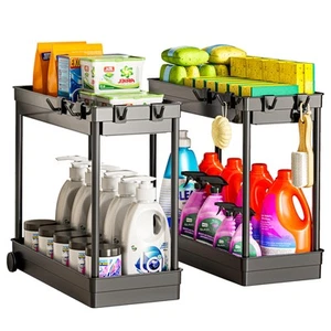 2 Pack Under Sink Organizer, 2 Tier Bathroom Cabinet Organizers Storage Hook, Mu - Picture 1 of 8