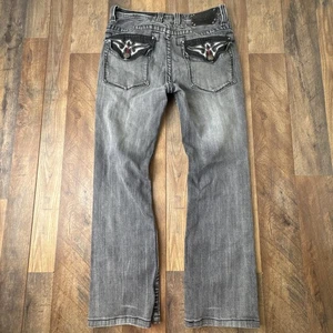 Y2K Affliction Cooper Relaxed Boot Jeans Mens 32x34 Gray Wash Embellished Rocker - Picture 1 of 13