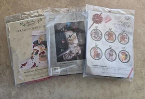 3 Candamar Christmas Cross Stitch kits Ornament/2-Stockings Snowmen-Animals 80s - Picture 1 of 8