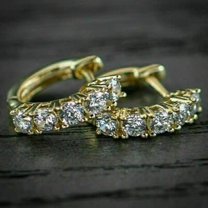 14k Yellow Gold Plated 3.00Ct Round Lab Created Moissanite Huggie Hoop Earrings - Picture 1 of 12