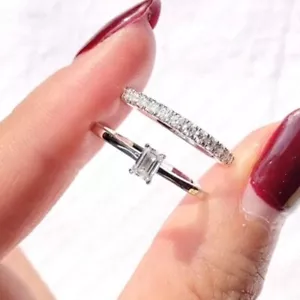 1.48 TCW Emerald Cut Moissanite Bridal Set Engagement Ring 14k White Gold Plated - Picture 1 of 9