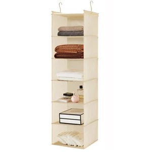 Hanging Closet Organizer 6 Tier Beige Cloth Shelf with 2 Sturdy Hooks Foldable - Picture 1 of 9