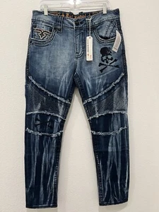 NWT Rock Revival Mens Montell Biker Moto Distressed Jeans Skull Size 33x31 - Picture 1 of 21