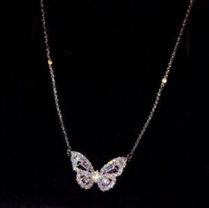 Elegant Butterfly Pave Cubic Zirconia Silver White Gold Pendant Chain Necklace