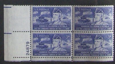 US 3¢ Stamp Scott #1026 General George S. Patton MH 1953 plate block. - Image 1 of 2