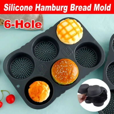 6 Cavity Silicone Hamburger Bun Pan Non Stick Burger Bread Mold Pans Baking Tool - image 1 of 4