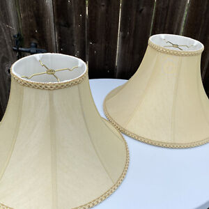 Champagne Shantung Silk Lampshades 15" Bell Oatmeal Beige Fabric Lamp Shade Set 