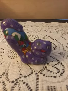 Mexican Talavera Folk Art Red Clay Pottery Purple Crouching Cat 4" Handpainted - Picture 1 of 7