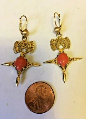 14k Yellow Gold Earring Filigree Fine Jewelry 9g with Coral Stone 2.5" L - Image 1 of 4