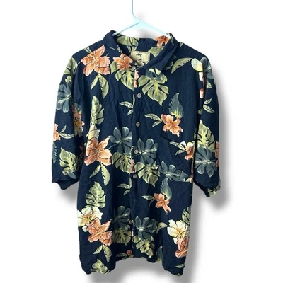 Jamaica Jaxx Silk Men's Size XL Black w/Colorful Floral Button Down Short Sleeve - Image 1 of 4