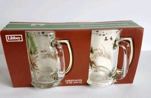 Vtg Libbey Glass 2 Beer Mugs 15 oz White Tail Deer Wildlife NOS Nature Woods - Picture 1 of 11