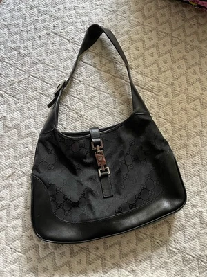 Gucci Jackie Chain Hobo Shoulder Bag Black GG Canvas Leather Vintage - Image 1 of 4