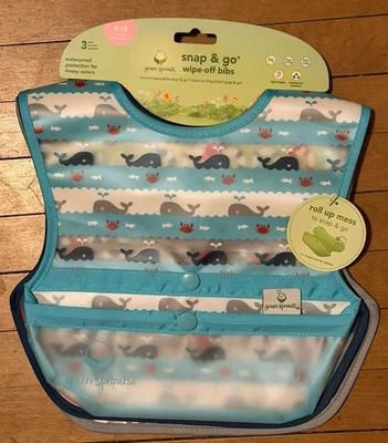 Baberos de bebé Green Sprouts Snap & Go Easy Wear. Paquete de 3 temas de mar azul oscuro y claro Foto 1 de 4