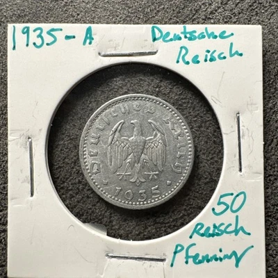 1935-A Germany 50 Reichspfennig Coin WWII Era Zinc Nazi Eagle Berlin Mint “A” - Image 1 of 4