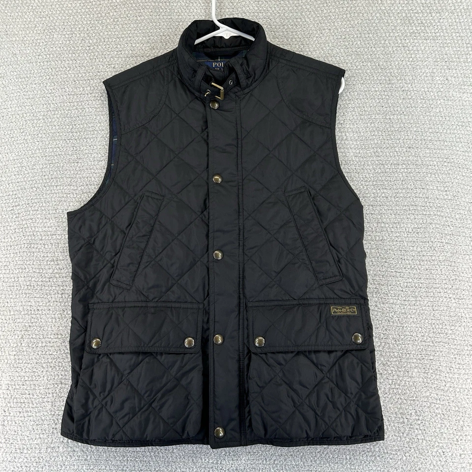 Polo Club Ralph Lauren Chaleco Hombres Mediano Negro Acolchado Cremallera Completa Franela a Presión Forrado Foto 1 de 4
