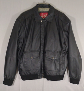 Hind Leather Jacket Mens Large Black Genuine Bomber Biker Motorcycle Pockets Map