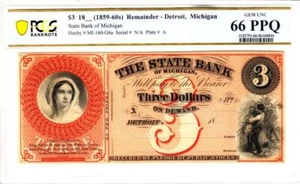 1859-60's $3 STATE BANK OF MICHIGAN -DETROIT -PCGS GEM UNC 66 PPQ-RARE GRADE! - Picture 1 of 10