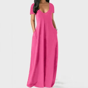 UK Womens Sleeve V Neck Dress Ladies Holiday Casual Maxi Dresses Plus Size - Picture 1 of 5