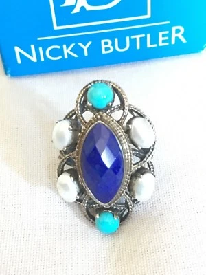 NUEVO ANILLO DE PLATA ESTERLINA MULTI PIEDRAS PRECIOSAS TURQUESA LAPISLÁZULI PERLA NICKY MAYORDOMO 6 MG Foto 1 de 4
