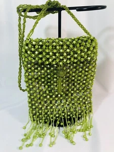 GREEN Peridot Iridescent Lined W/Zipper BEADED PURSE BAG ANTIQUE VINTAGE - Picture 1 of 12