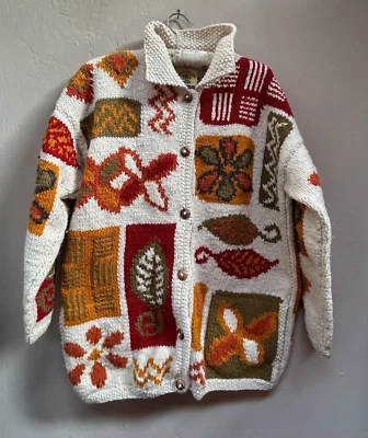 Vintage Pachamama Autumn Leaves Wool Handknit Handmade Cardigan Sweater Multi - Image 1 of 4