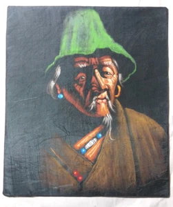 Vtg PAINTING of Old Asian Man with Hat 12" x 10" unsigned unframed - Picture 1 of 2