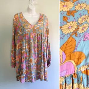 RusttyDustty Womens XL Shirt Rayon Babydoll Long Puff Sleeve Retro 70s Floral - Picture 1 of 7