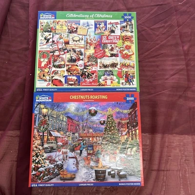 Puzzle Lot (2) White Mountain 1000 Pc Christmas Holiday Themed Puzzles-Complete - Image 1 of 3