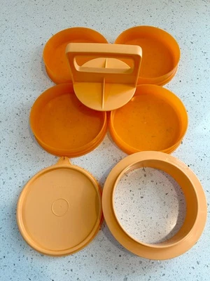 TUPPERWARE Orange Large 1/3 Lb Patty Hamburger Burger Press & Keepers 5" - 1927 - Image 1 of 4