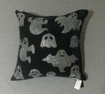 Magaschoni 万圣节黑色银色水钻鬼魂枕头 20x20 — 第 1/4 张图片
