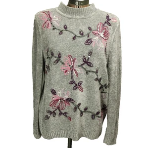 Alfred Dunner Floral Embroidered Sequined Chenille Knit Sweater Gray S - Picture 1 of 23