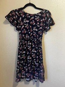 Love, Glam Girl Girls’ Flutter Sleeve Dark Blue Floral Print Knit Dress Size M - Picture 1 of 8