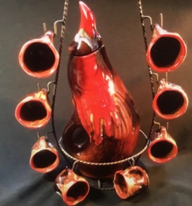 Vallauris Majolica Fish Shaped Pitcher in Twisted Copper Rack&Cups 11 Piece Set - Picture 1 of 11